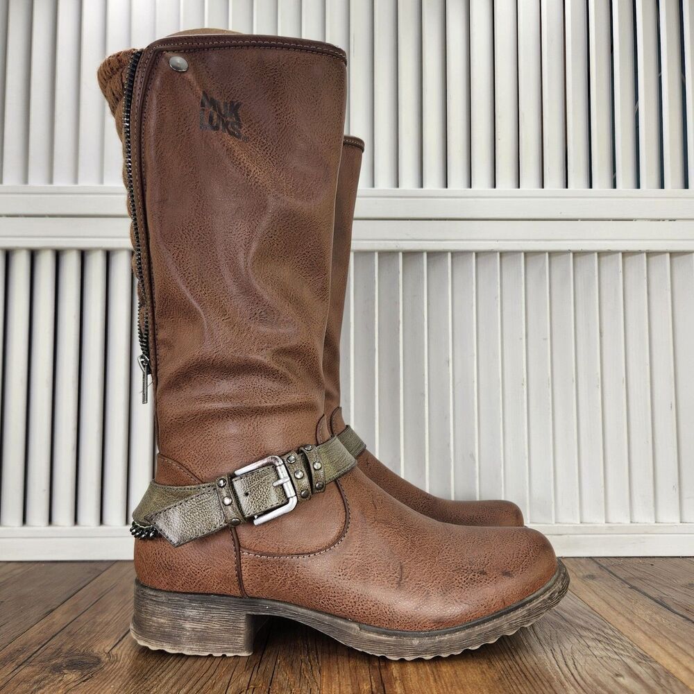 Muk Luks Santina Boots Womens Sz 8 Brown Cognac Lined Ankle Buckle Riding 13"